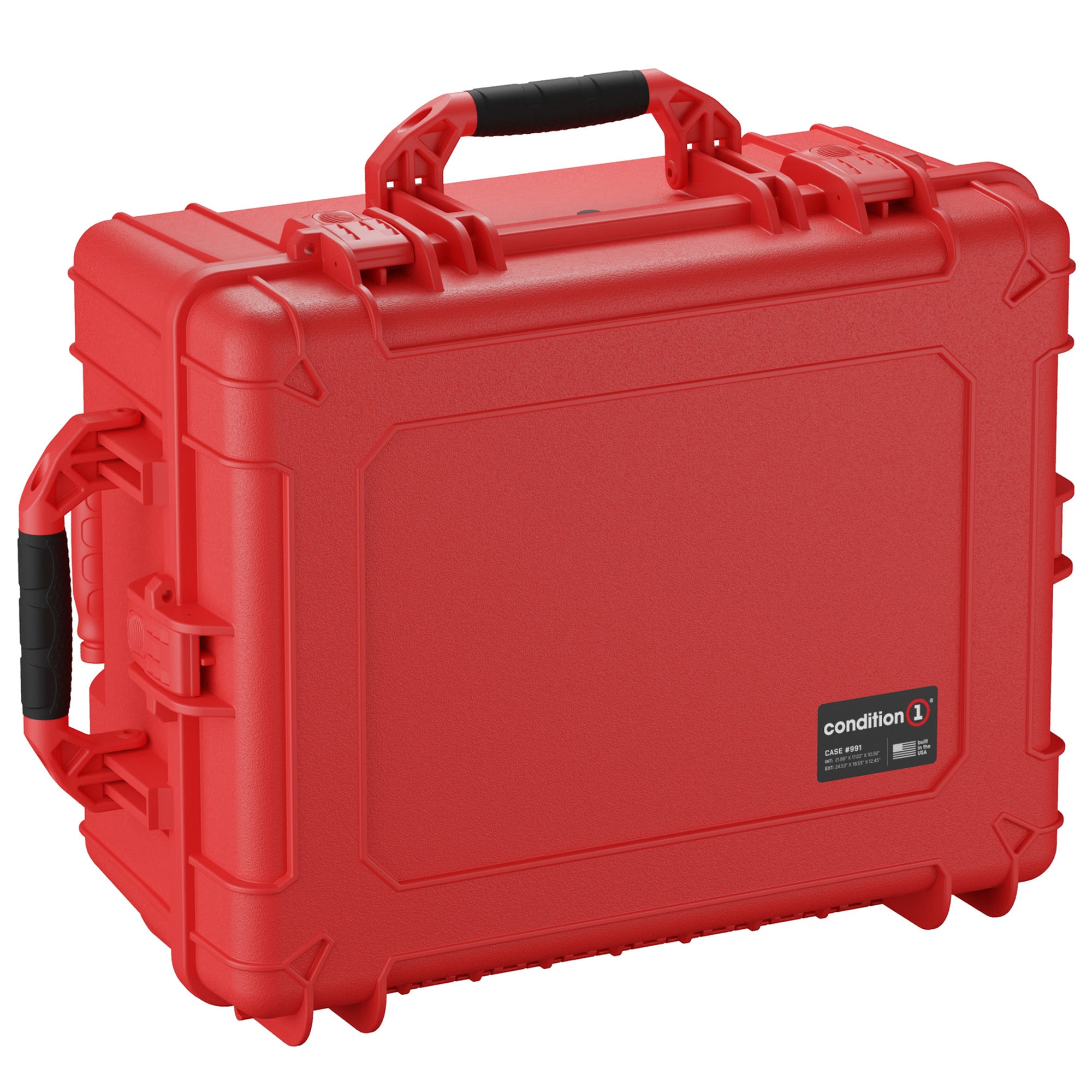 Alt text: "Bright red, rugged 25-inch large protective hard case, model #991, featuring reinforced corners, heavy-duty clasps, and a black comfort grip handle."
