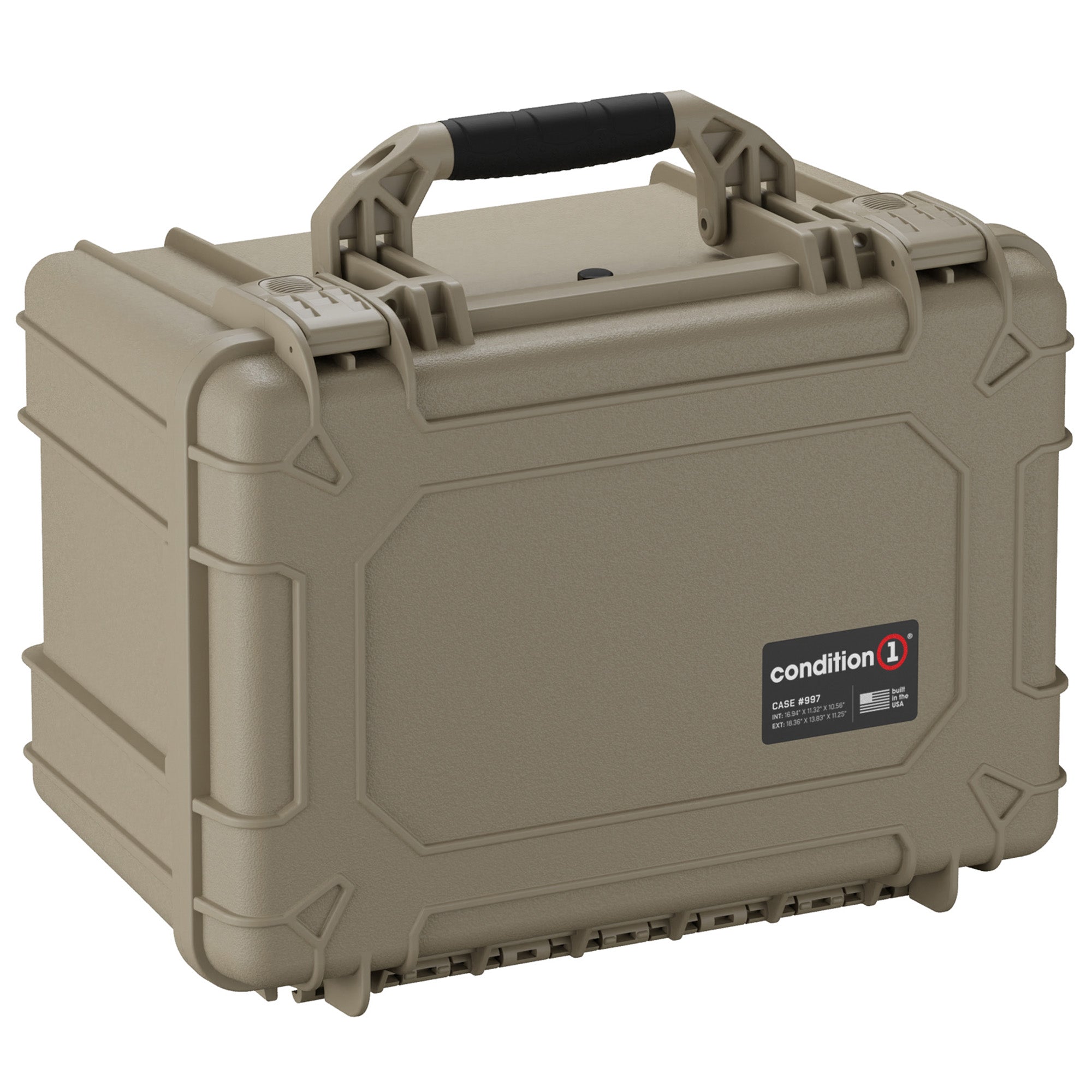 Alt text: "Condition 1 tan 18-inch hard pistol case, model #997, with rugged exterior and sturdy handle, designed to hold 7 pistols securely."
