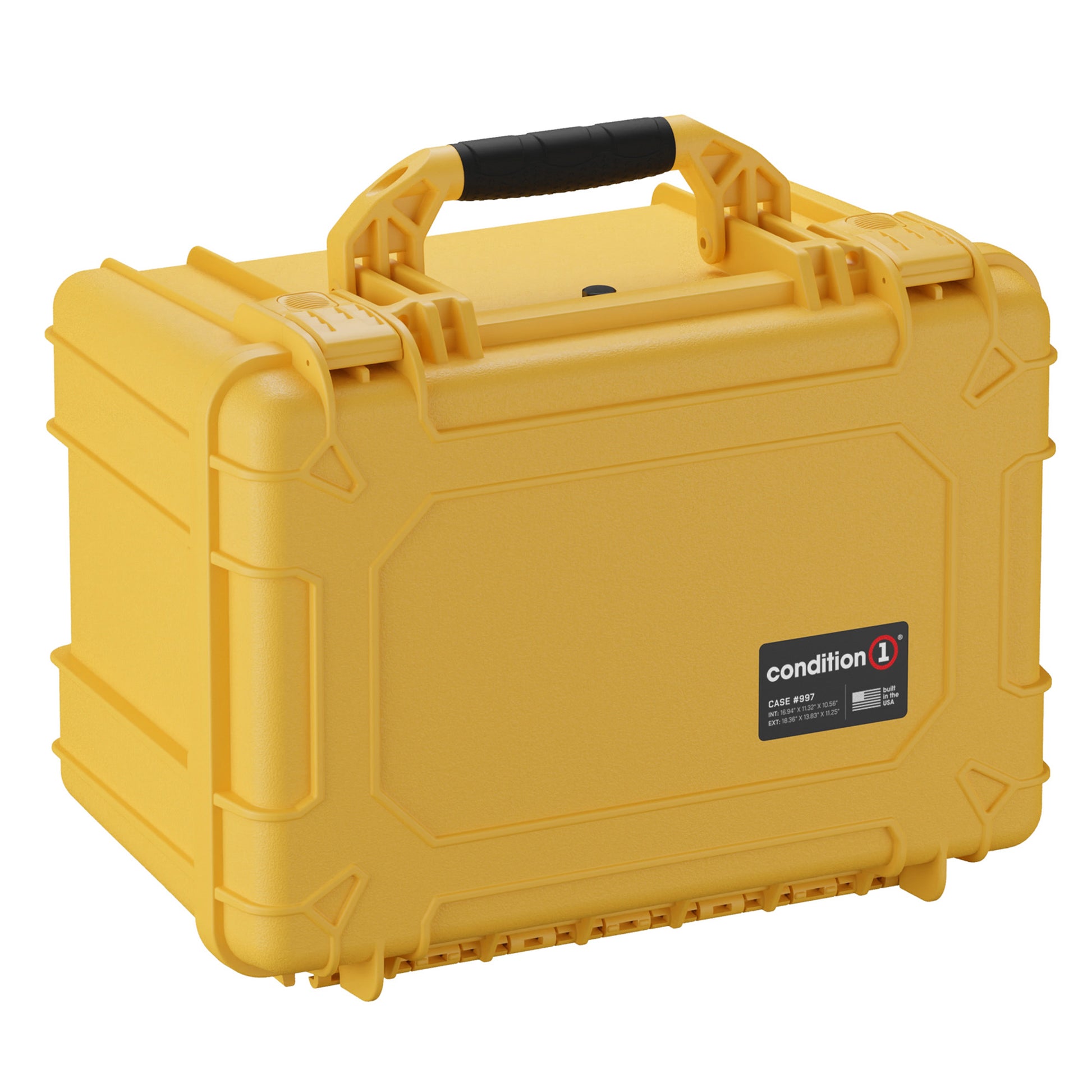 Yellow 18-inch medium protective case with black handle, labeled "condition 1," model #997, sturdy and portable.