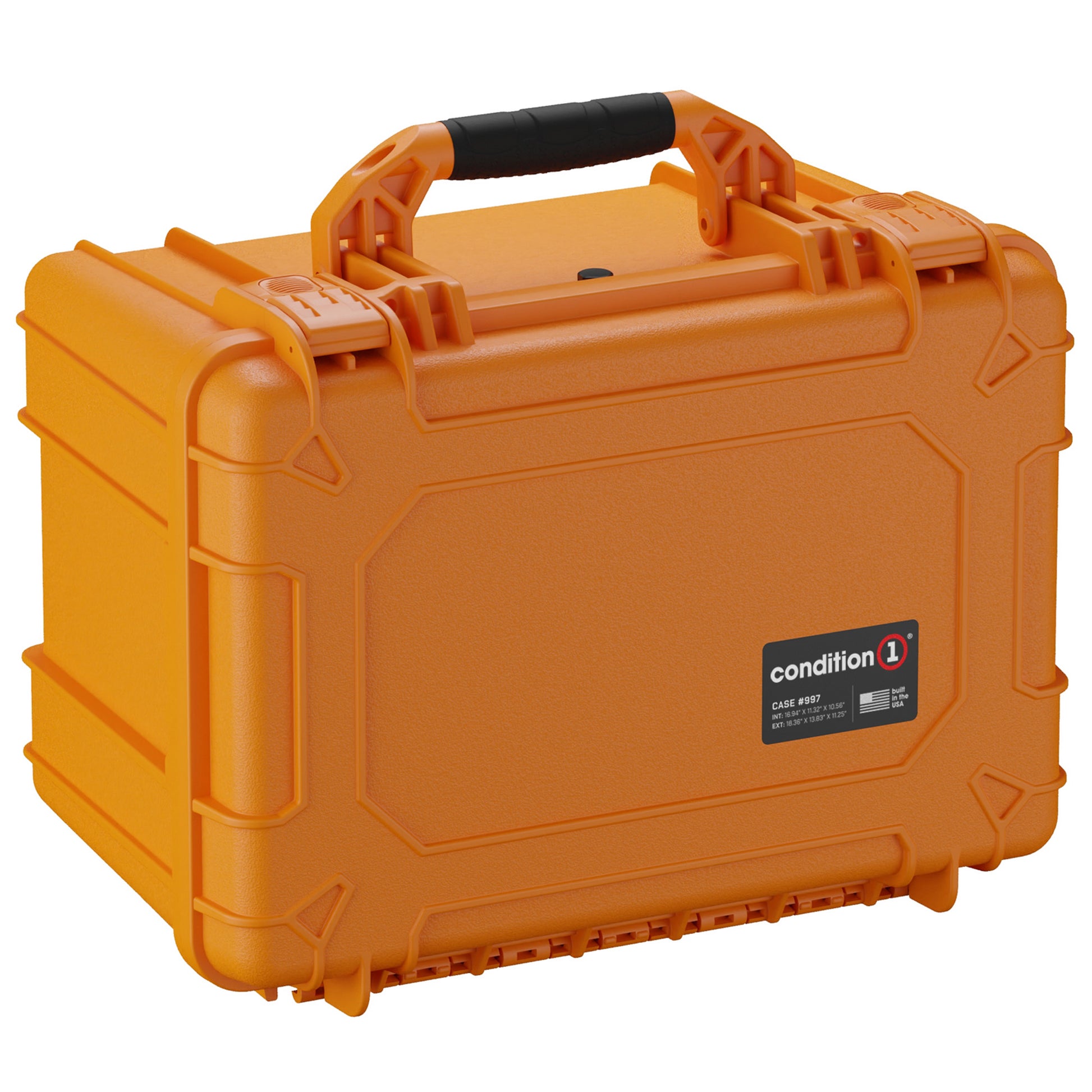 Orange 18-inch Condition 1 hard pistol case, model #997, featuring a durable handle and secure lockable design.