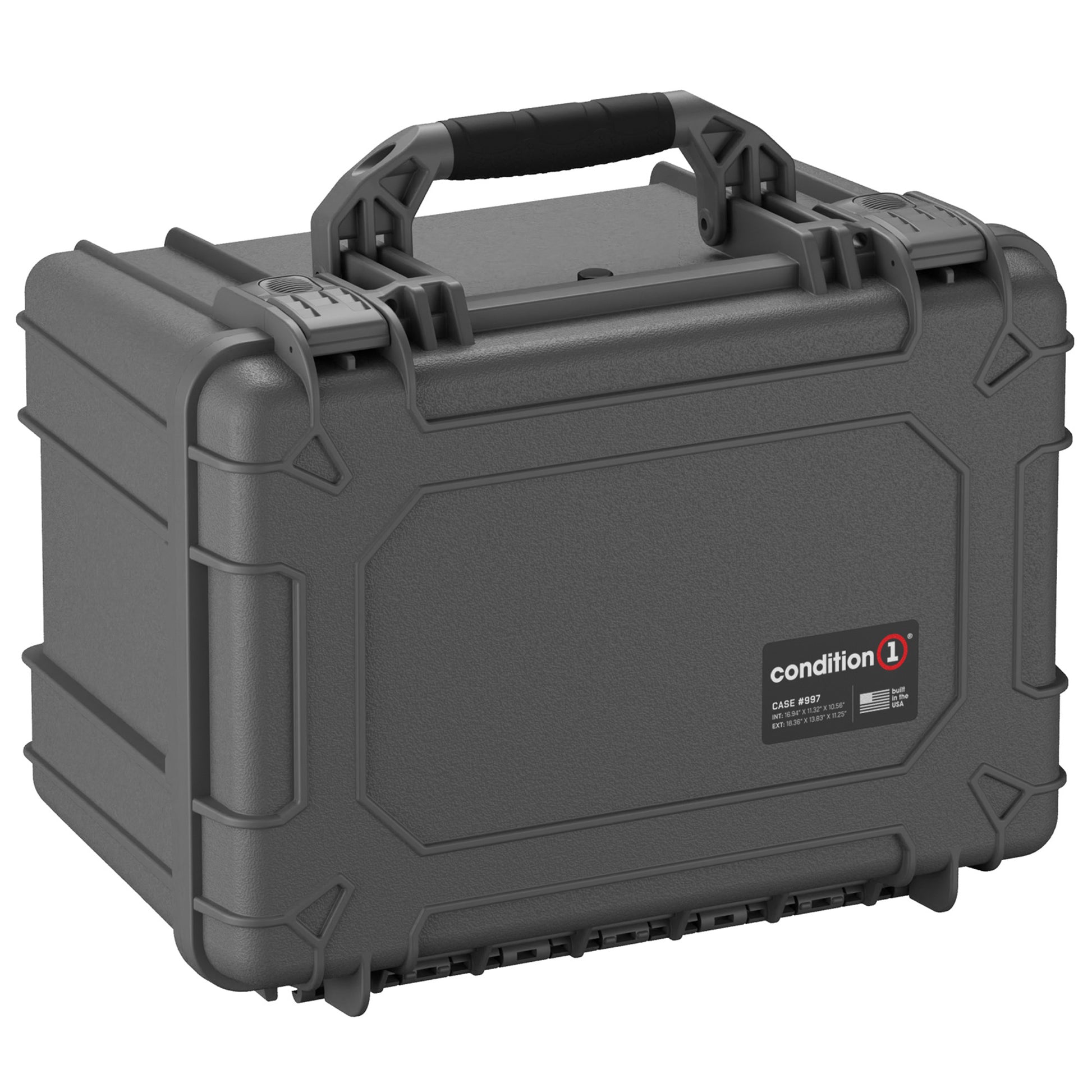 Alt text: "Condition 1 medium-sized, gray protective hard case, 18 inches, model #997 with a sturdy handle and secure latches, displayed on a white background."