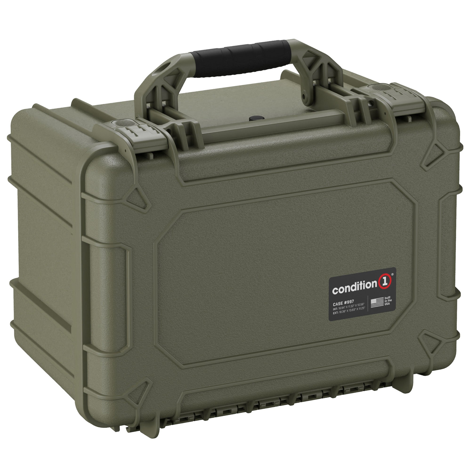 Alt text: "18-inch olive green Condition 1 hard pistol case #997 featuring a rugged exterior, heavy-duty handle, and secure locking mechanisms, designed to hold up to 7 pistols safely."