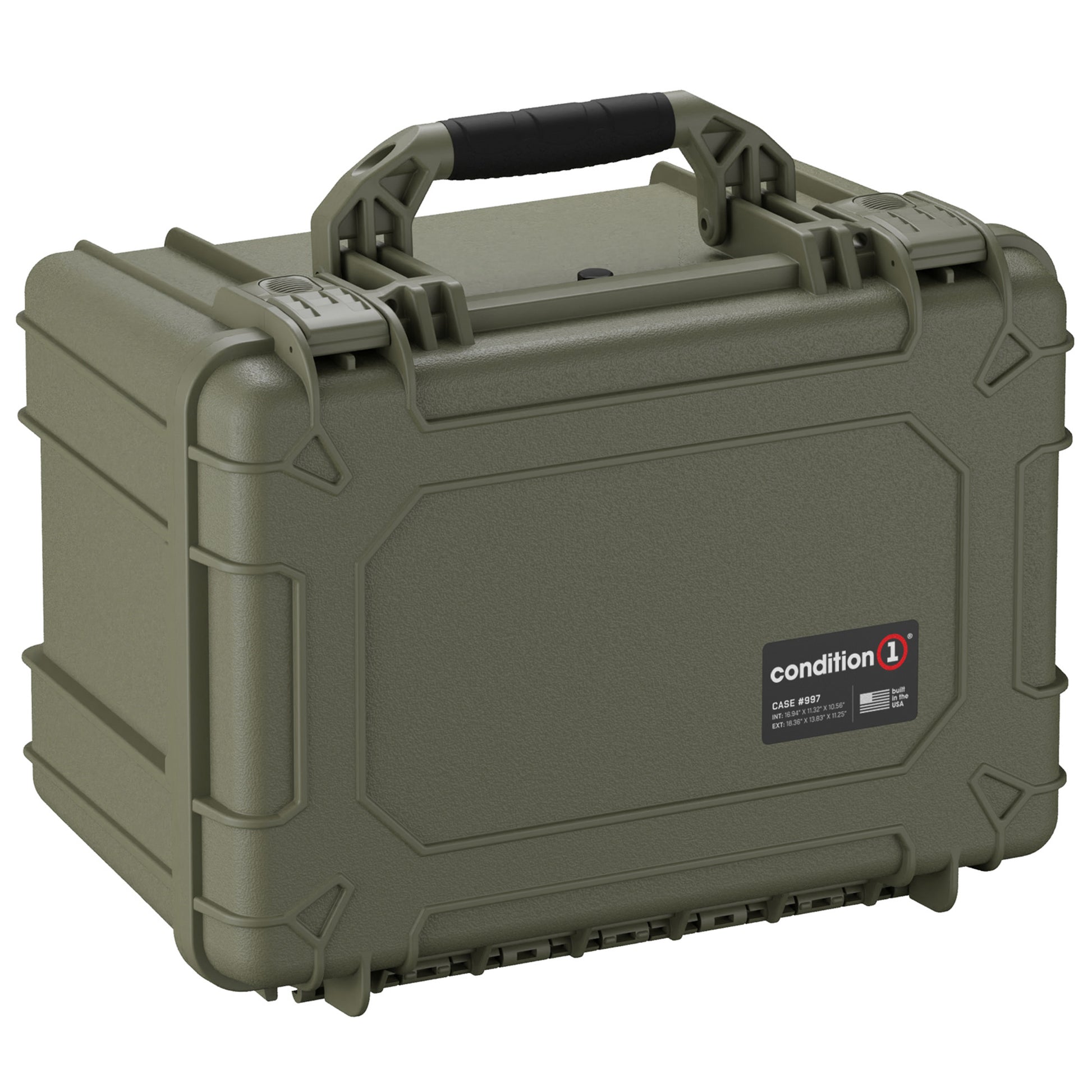 Alt text: Olive green 18-inch Condition 1 medium hard case #997 with durable handle and secure latch, designed for rugged use.