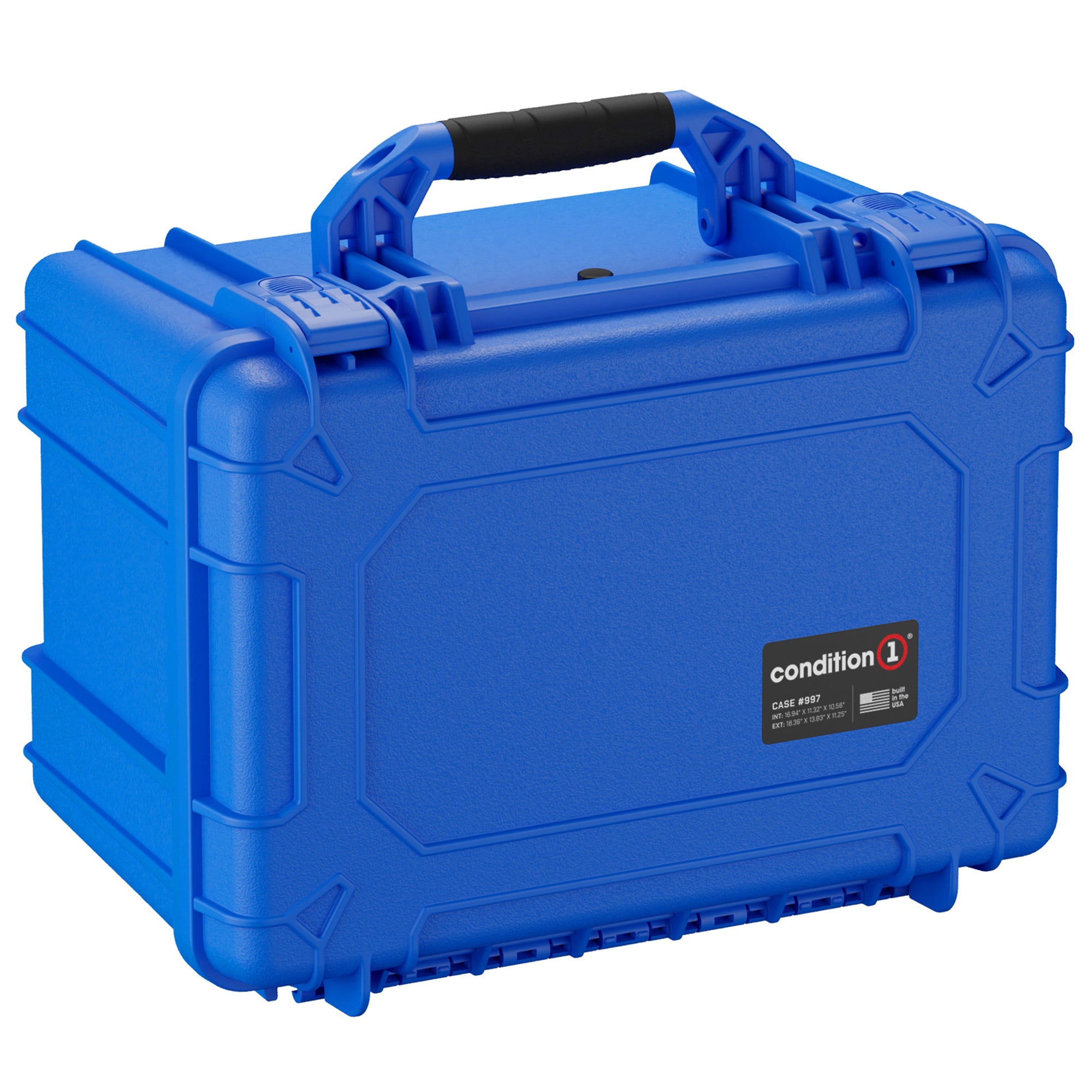 Alt text: "Durable blue plastic hard case, model Condition 1, case #997, 18 inches, featuring a robust handle and secure locking mechanisms visible on the case surface."