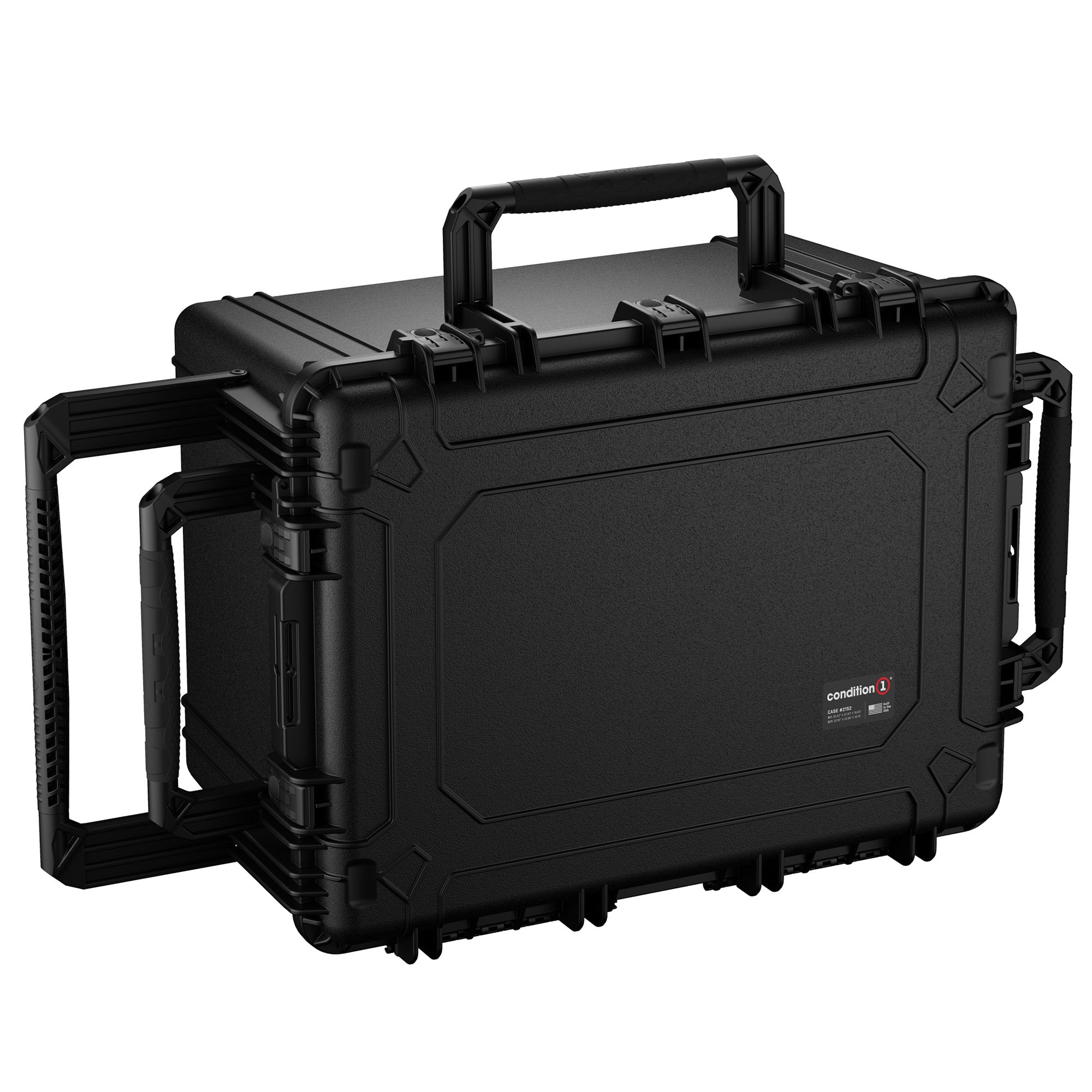 Alt text: Black Condition 1 hard case, model #2152, featuring a rugged design with reinforced corners, dual locking clasps, and a durable handle, sized 33 inches for secure storage and transportation.