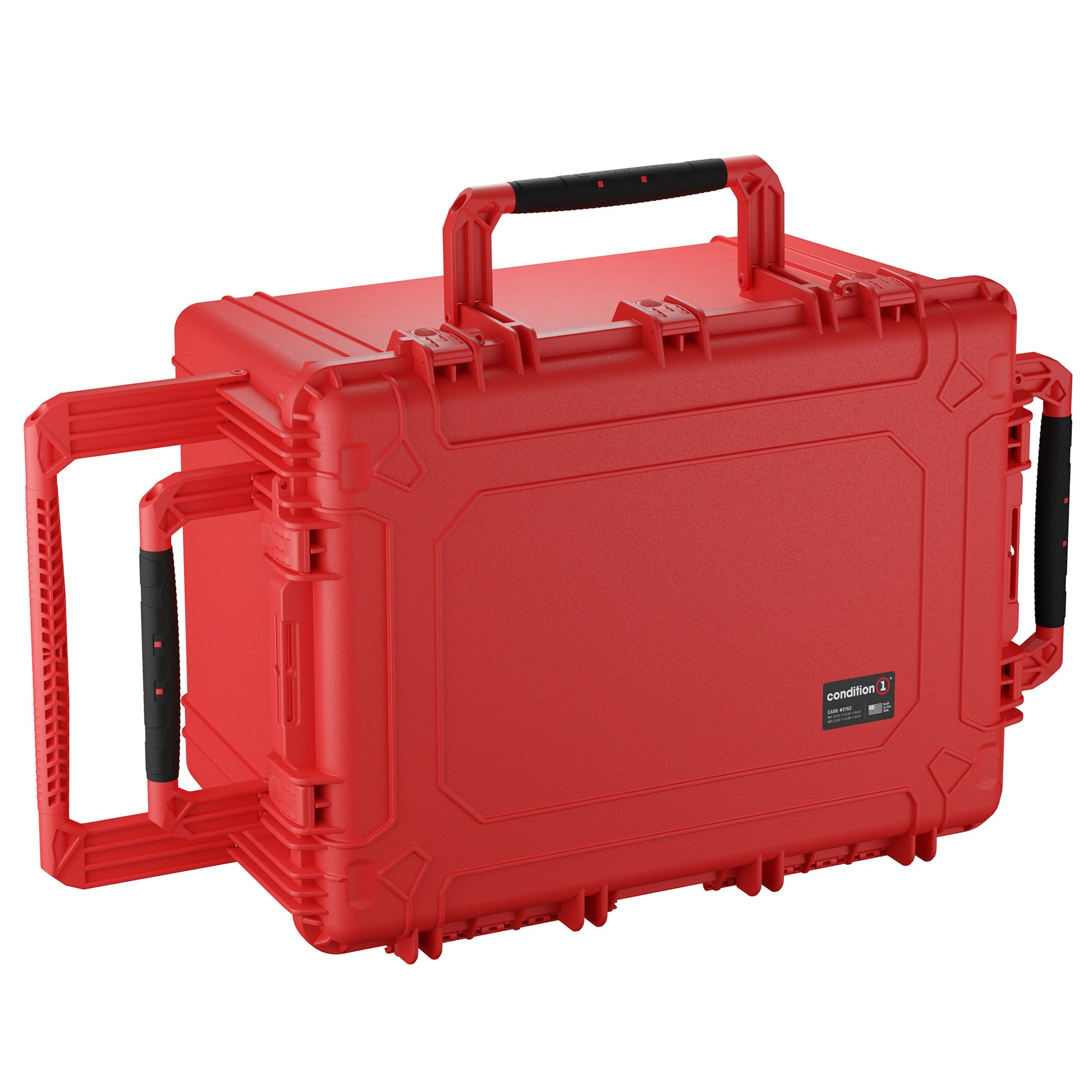 Red heavy-duty protective case, 33 inches, featuring rugged handles and reinforced corners, ideal for secure equipment storage and transportation.