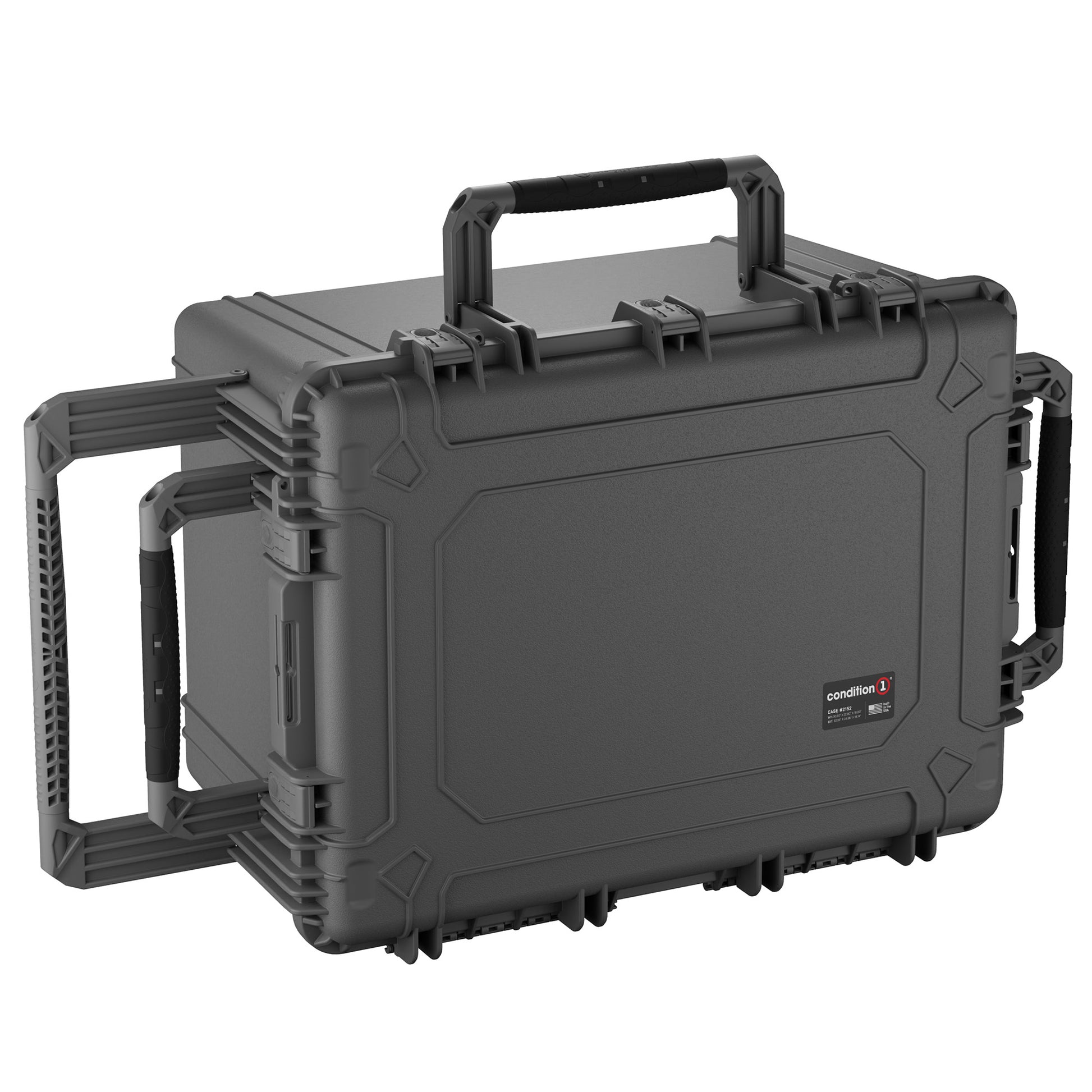 Alt text: "33-inch large rugged protective case in dark gray, featuring dual latches and a robust handle, suitable for secure storage and transport of delicate equipment. Model #2152 by Condition 1."