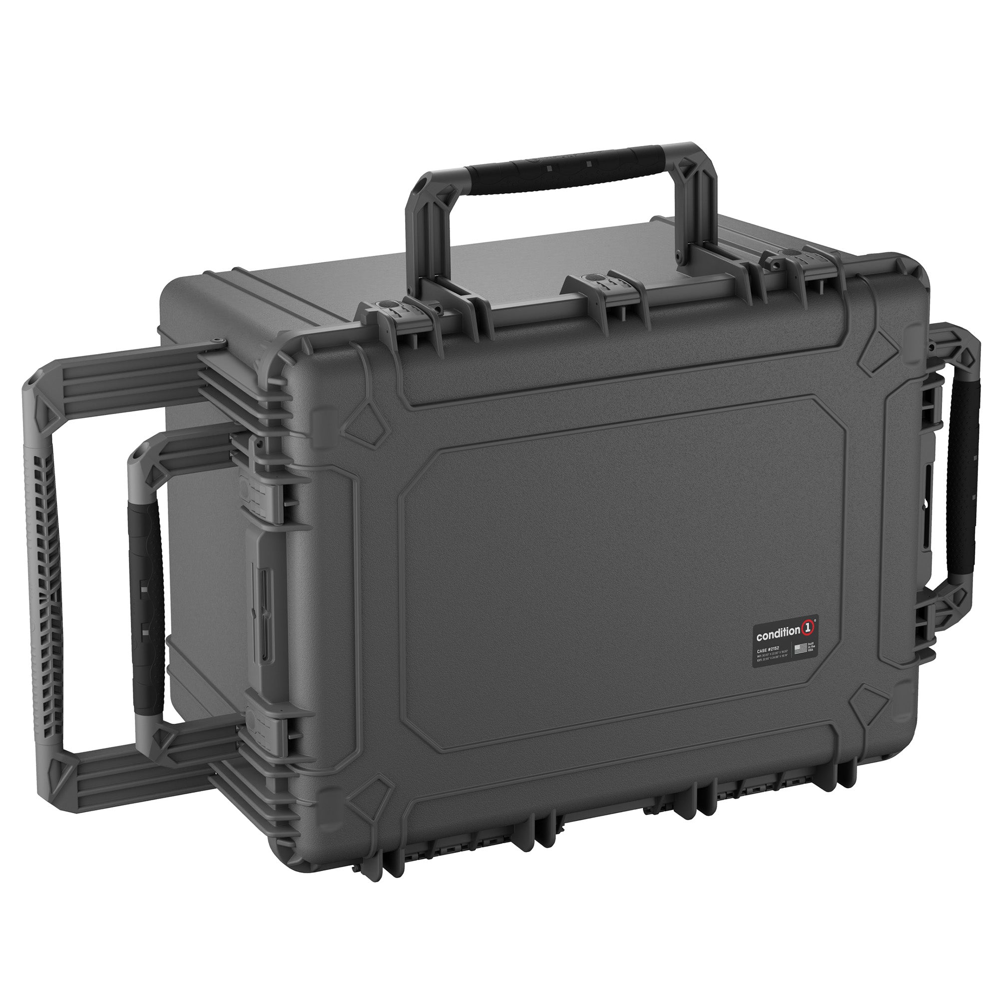 Alt text: "33-inch large rugged protective case in dark gray, featuring dual latches and a robust handle, suitable for secure storage and transport of delicate equipment. Model #2152 by Condition 1."