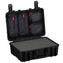 Black 18-inch medium protective case #801 with durable hard shell exterior, featuring multiple interior storage pouches with red zipper pulls, and robust dual locking latches.