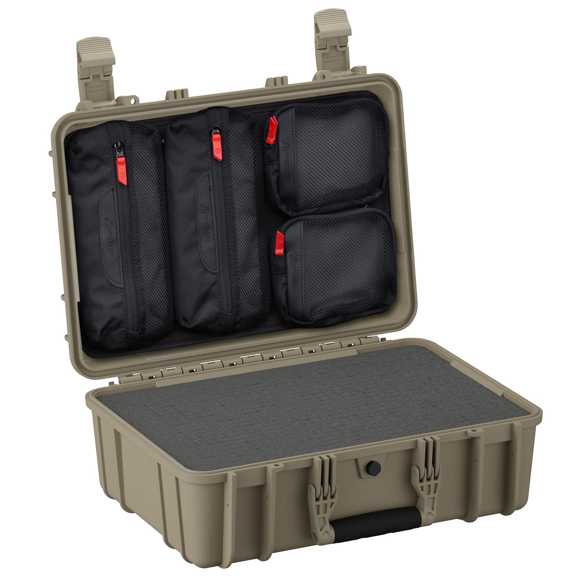 Alt text: Open 18-inch medium durable case, model #801, in tan with dual black handles and secure latches. Interior features multiple zippered black mesh organizer pockets with red zipper pulls, displayed against a protective foam-lined lid.