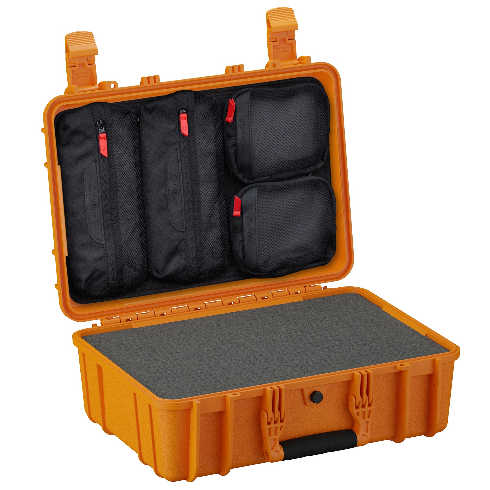 Orange 18-inch durable medium case (Case #801) with open lid showing multiple black zipper pouches and customizable foam inserts inside for protection and organization.
