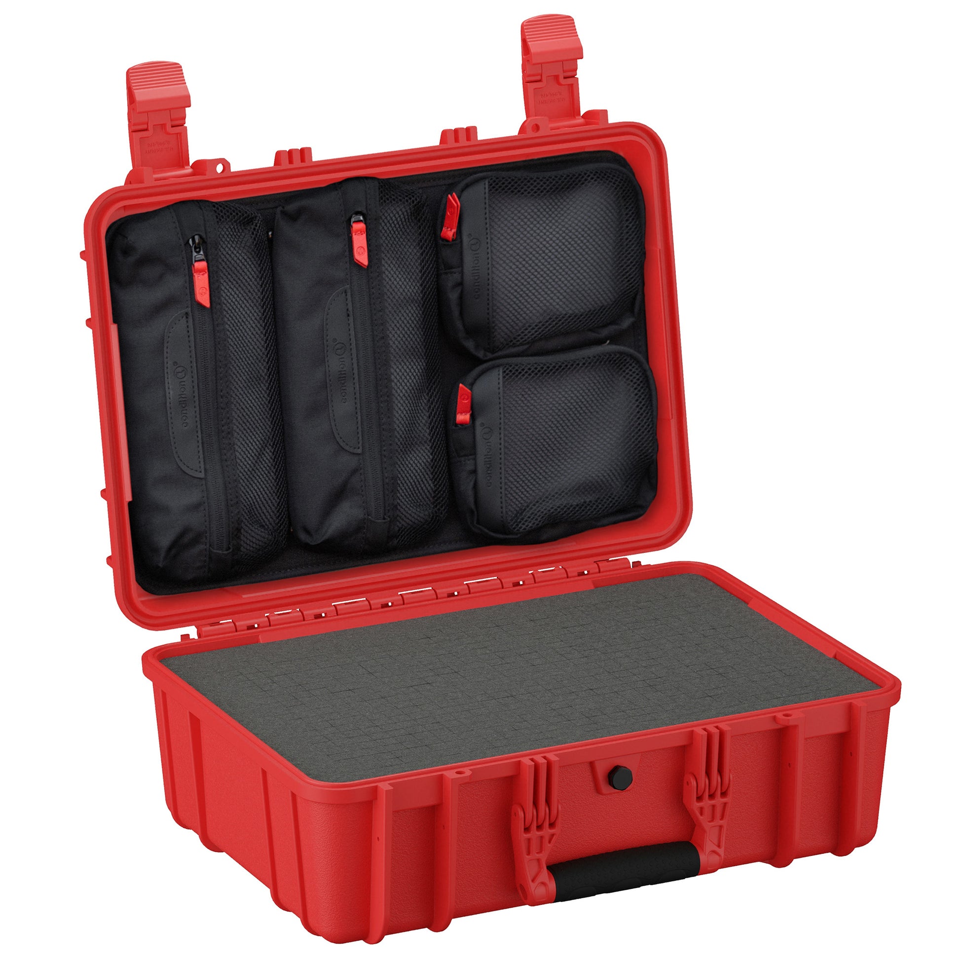 Red 18-inch medium protective case, model #801, open to display black padded organizer inserts and customizable foam interior.