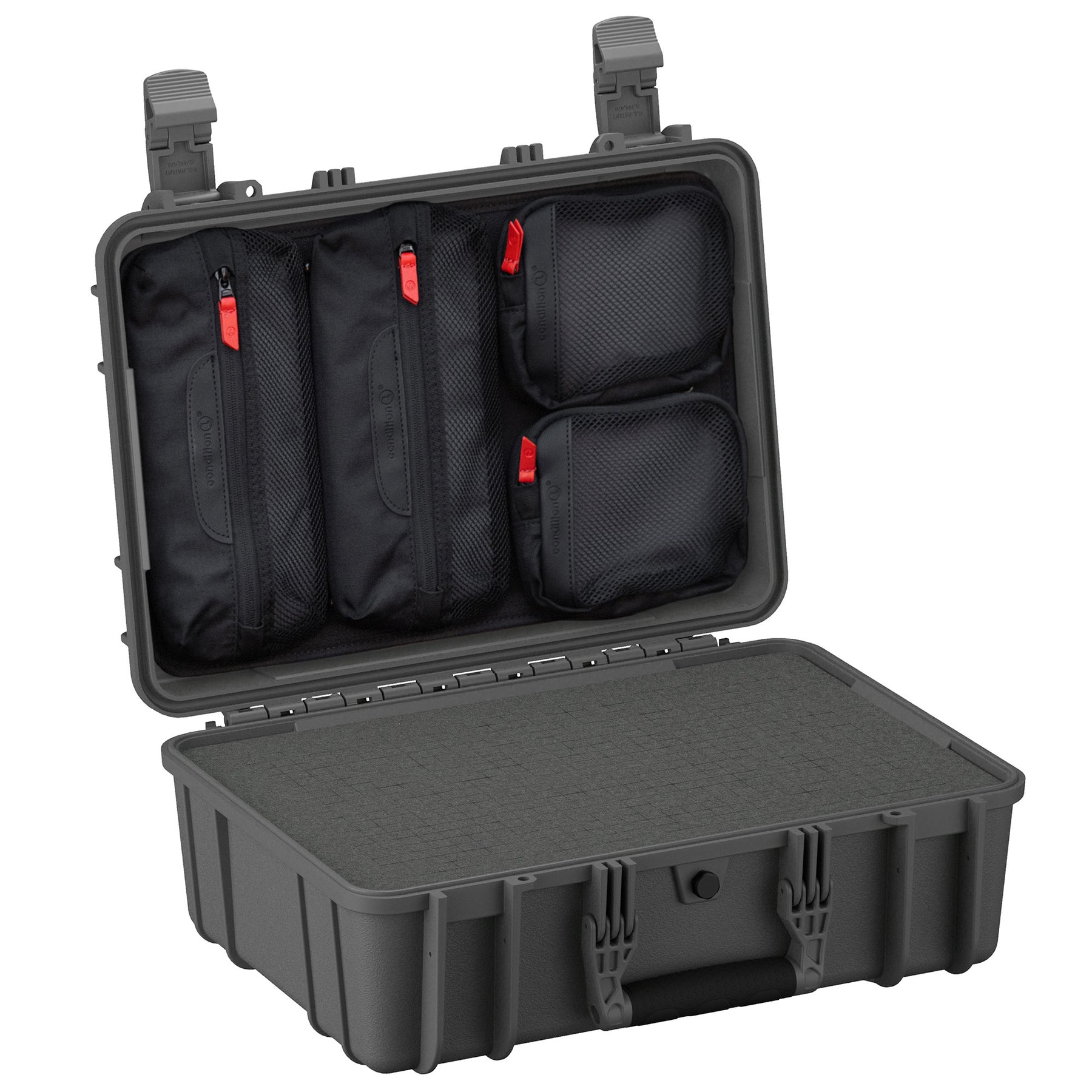 Black medium-sized rugged case, 18 inches, with open lid displaying internal organization pouches and a foam base, featuring secure latch closures and sturdy handles.