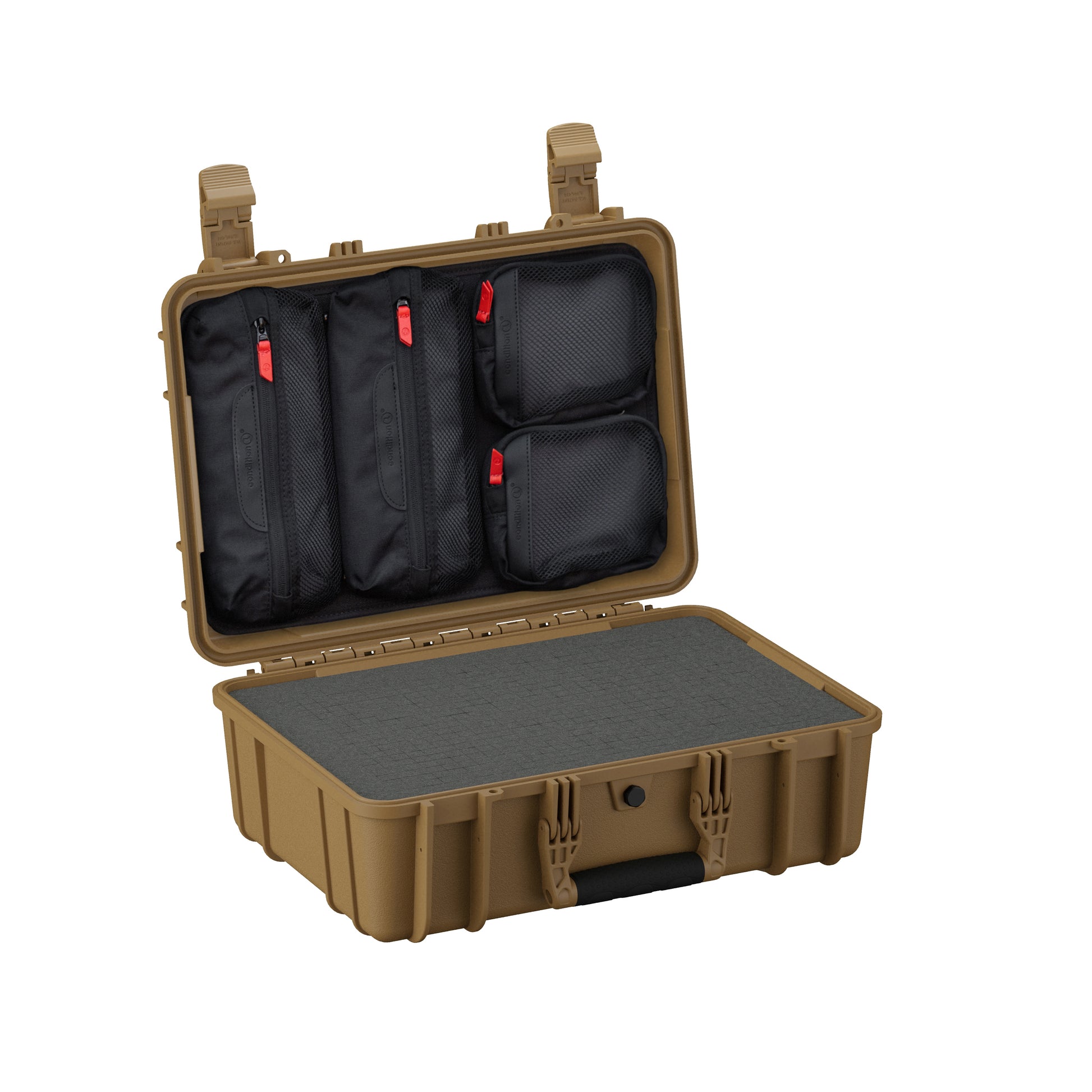 Alt text: "18-inch medium-sized rugged case, model #801, in tan with an open lid displaying organized interior compartments. The case features multiple black padded pouches with red zippers for secure storage."