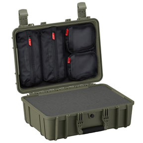 An 18-inch medium-sized protective case in olive green, featuring a rugged exterior and interior padding. The case is open, displaying multiple black mesh organizer pockets with red zipper pulls inside the lid, and a foam-lined lower compartment. Ideal for storing and