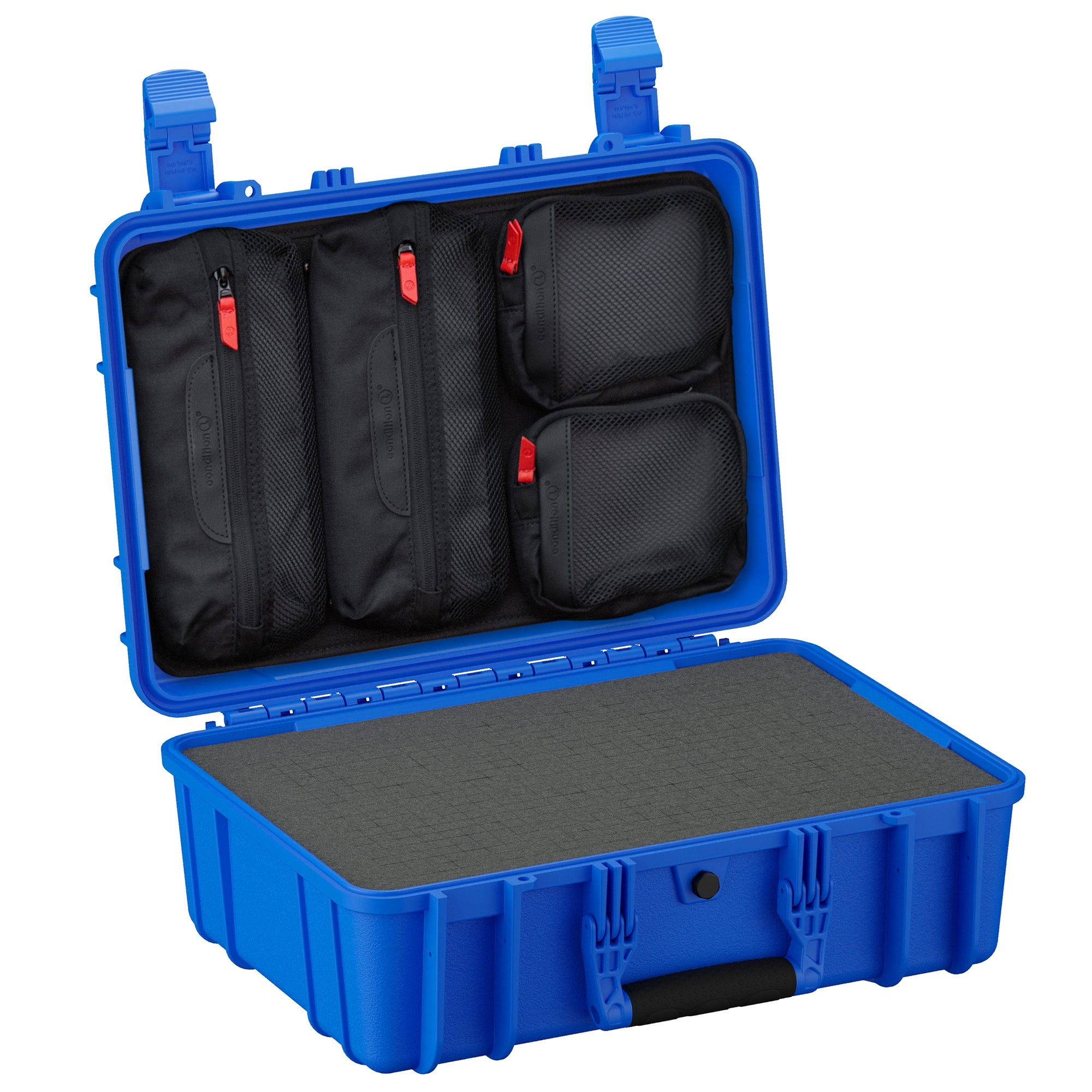 Alt text: "Open 18-inch medium-sized blue protective case, model #801, featuring internal black mesh organizers with red zipper pulls and a customizable foam base."