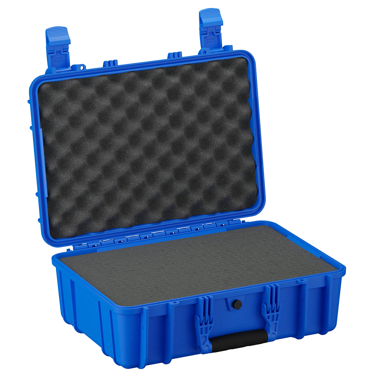 Alt text: Open blue medium-sized protective case, model #801, with dimensions 18 inches, featuring a rugged exterior and foam-lined interior for secure equipment storage.