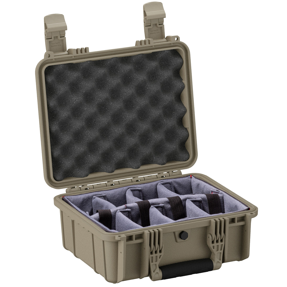Open 14-inch medium protective case with foam padding and adjustable compartments for secure storage.