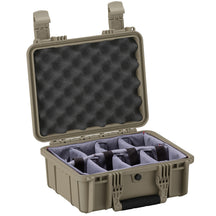 Open 14-inch medium protective case with foam padding and adjustable compartments for secure storage.