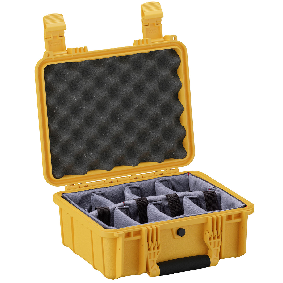 Yellow 14-inch medium case with foam padding and adjustable compartments for secure storage and transport.