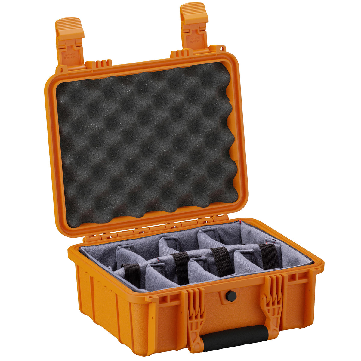 Orange 14-inch medium protective case with foam padding and adjustable dividers for secure storage and transport.