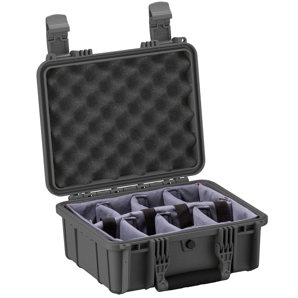 Open 14" medium protective case with foam padding and adjustable dividers for secure storage and transport.