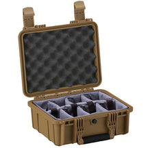 Open 14-inch medium protective case with foam padding and adjustable dividers for secure storage and transport.
