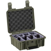 Green 14-inch medium protective case with foam padding and adjustable compartments for secure storage.