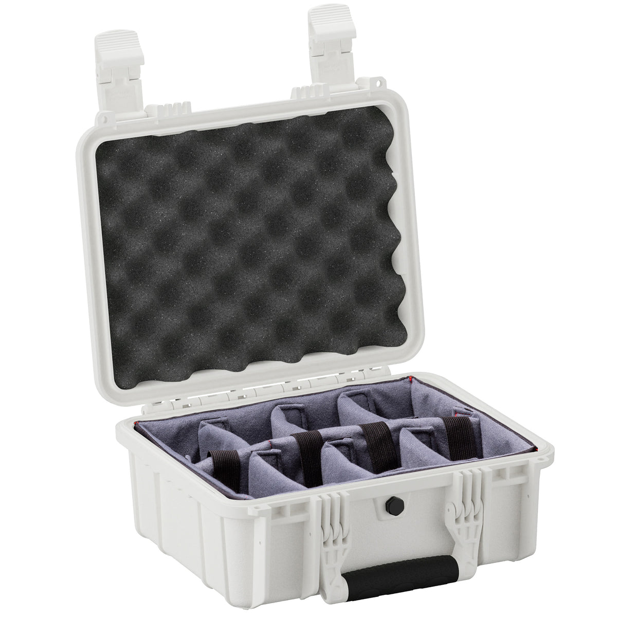 Open white 14" medium case with foam padding inside, designed for secure storage and transport of equipment.