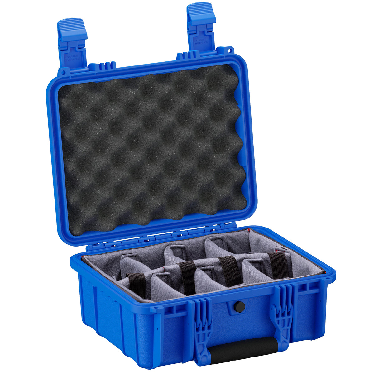 Open blue 14" medium case with foam padding and adjustable compartments for organizing small items or accessories.
