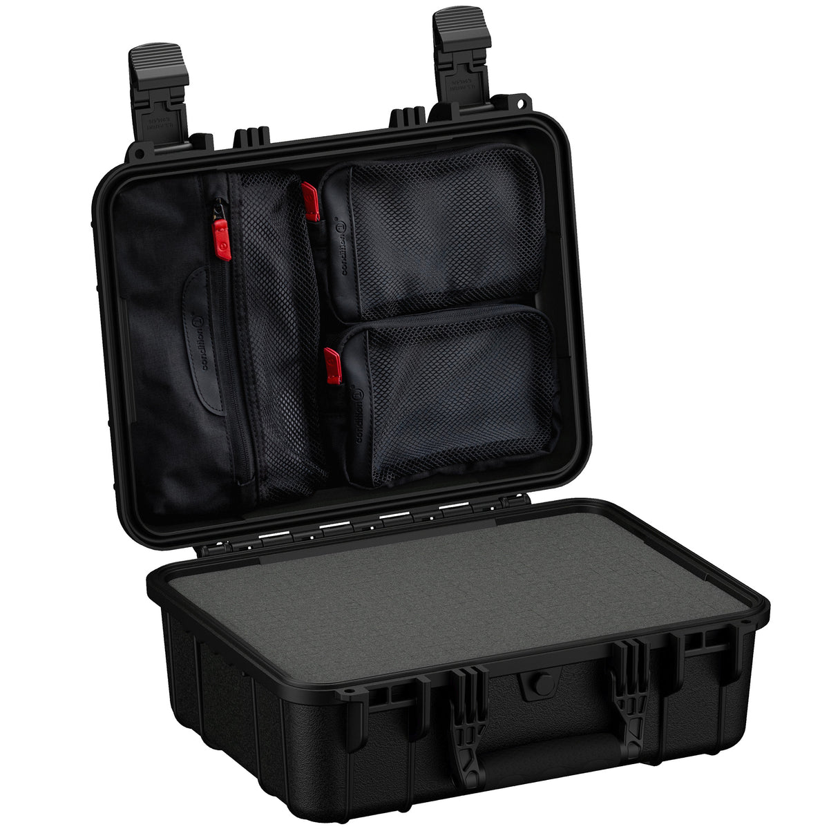 Alt text: "Open black medium-sized protective case showing internal features including mesh pockets with red zippers and customizable foam padding in the bottom, designed for secure storage and transportation of delicate items."