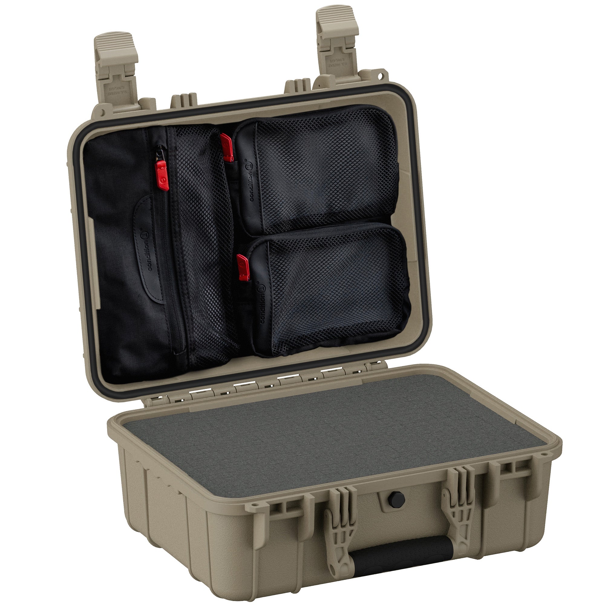 Alt text: "Open 16-inch medium protective case #179 in tan with multiple black zippered pockets and red zipper pulls inside the lid, featuring a rugged exterior and a flat foam-lined bottom.”