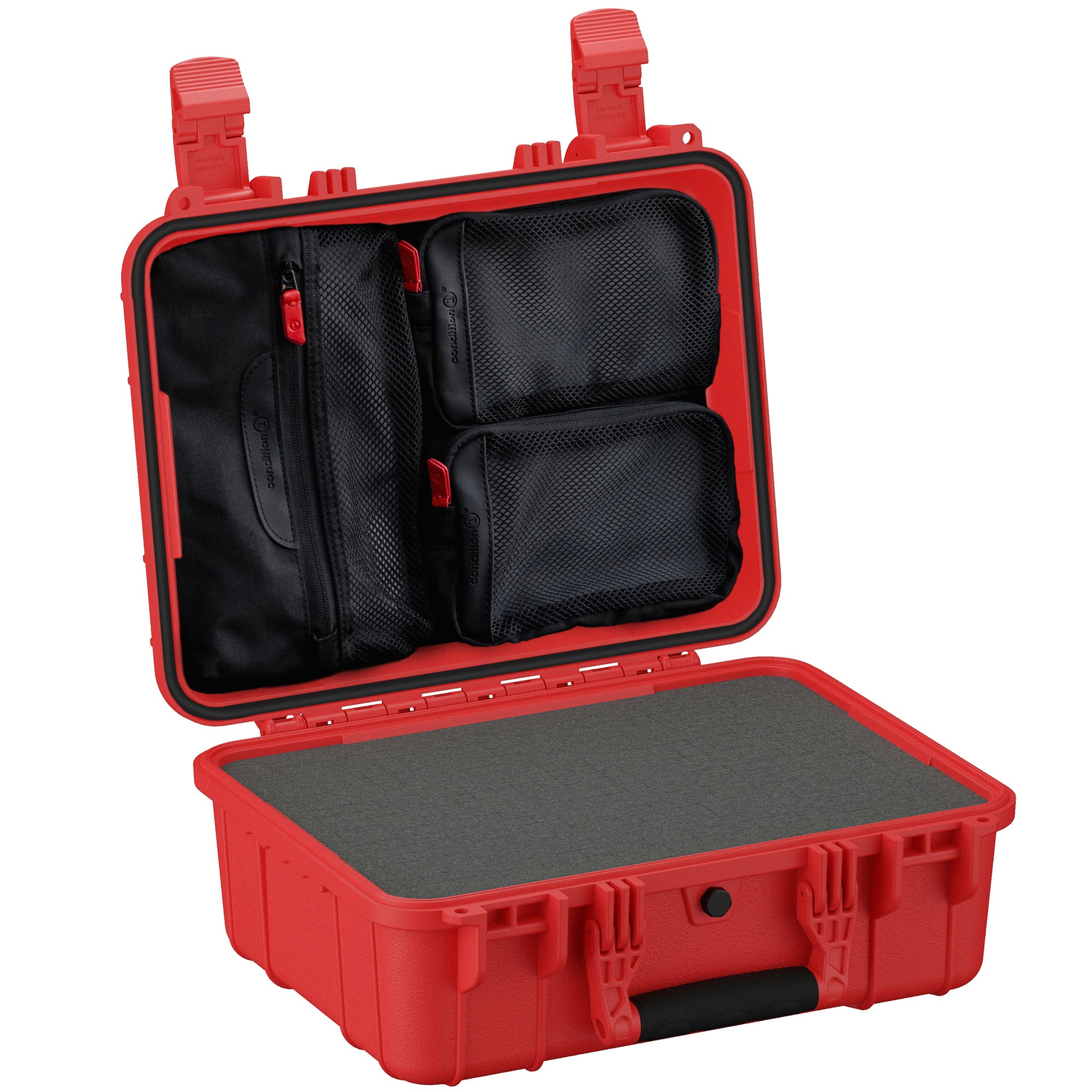 Alt text: "Red, hard-shell protective case, size 16 inches, model #179, opened to reveal internal padded compartments and mesh pockets for organizing contents."