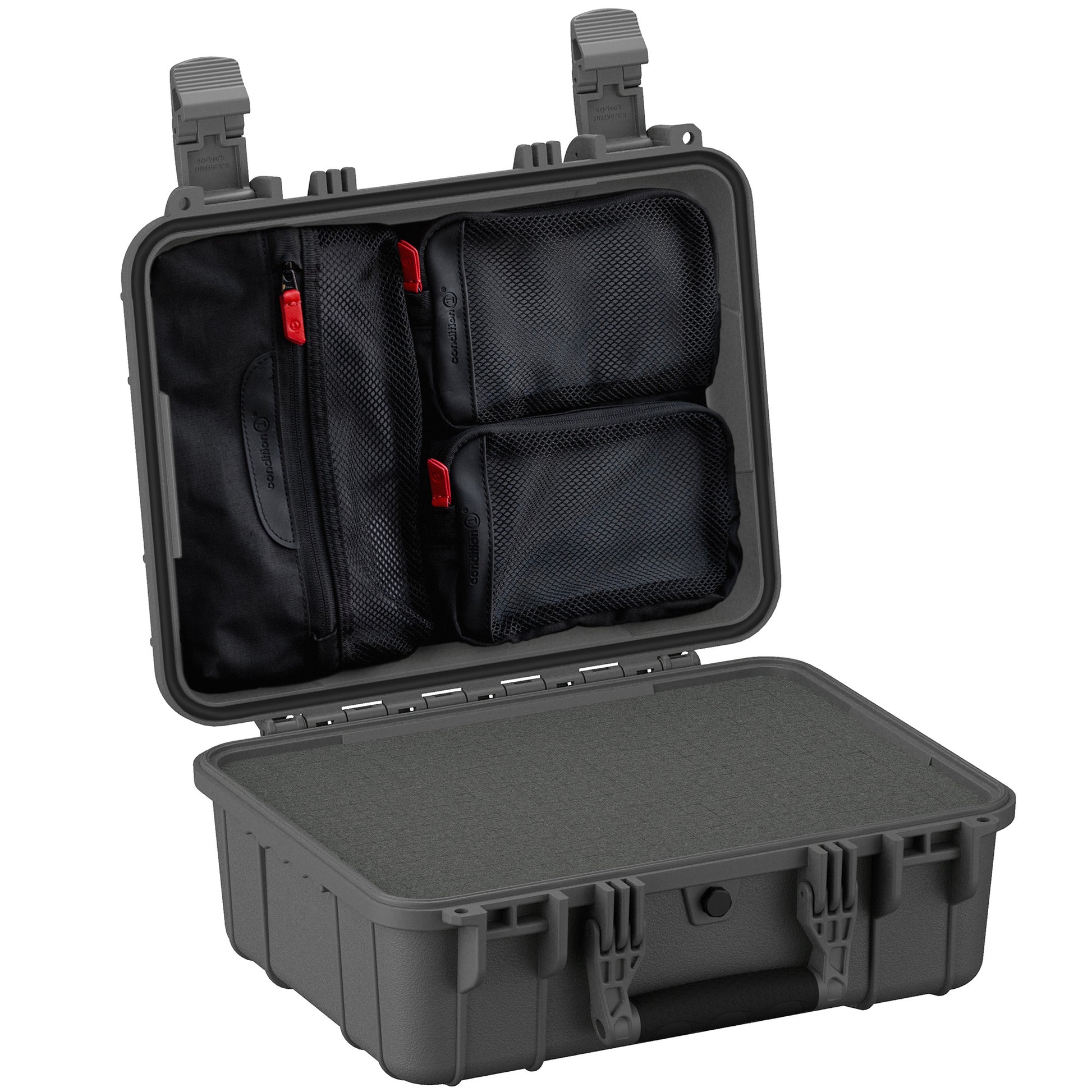 Alt text: "Medium-sized gray protective hard case, model #179, measuring 16 inches, open to show a customizable foam interior and integrated organizational mesh pockets with red zipper pulls on the inner lid."