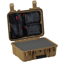 Alt text: "Open 16-inch medium protective case in tan color, featuring multiple black mesh organizer bags secured with red zippers mounted on the inner lid, and a foam-lined base for extra cushioning."