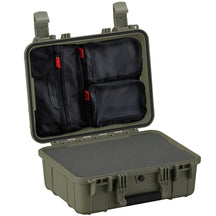 Alt text: Olive green 16-inch medium hard case open to show internal organization, featuring multiple mesh pockets with red zippers mounted on the inside of the top lid, and a flat foam lined bottom.