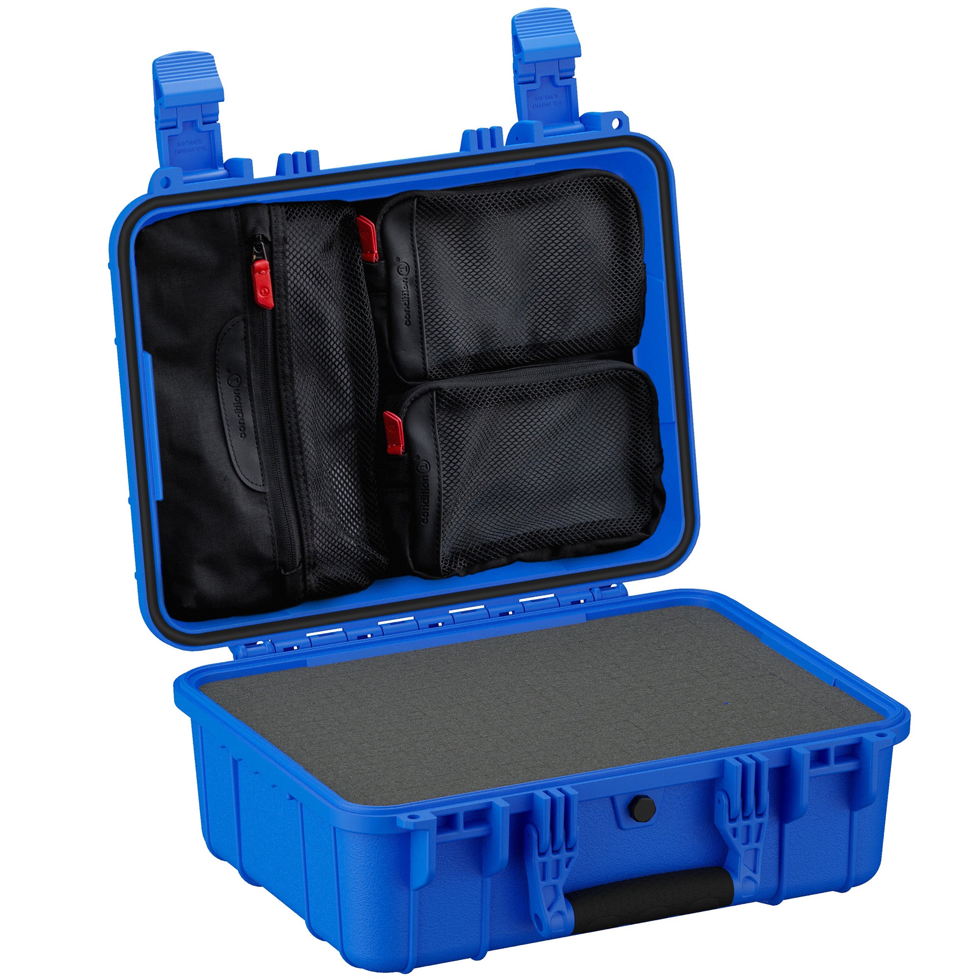 Blue medium-sized protective case with open lid displaying internal black mesh pouches and a customizable foam insert in the base, ideal for secure storage of sensitive equipment.
