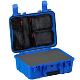 Blue medium-sized protective case with open lid displaying internal black mesh pouches and a customizable foam insert in the base, ideal for secure storage of sensitive equipment.