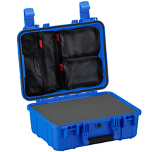 Blue medium-sized protective case with open lid displaying internal black mesh pouches and a customizable foam insert in the base, ideal for secure storage of sensitive equipment.