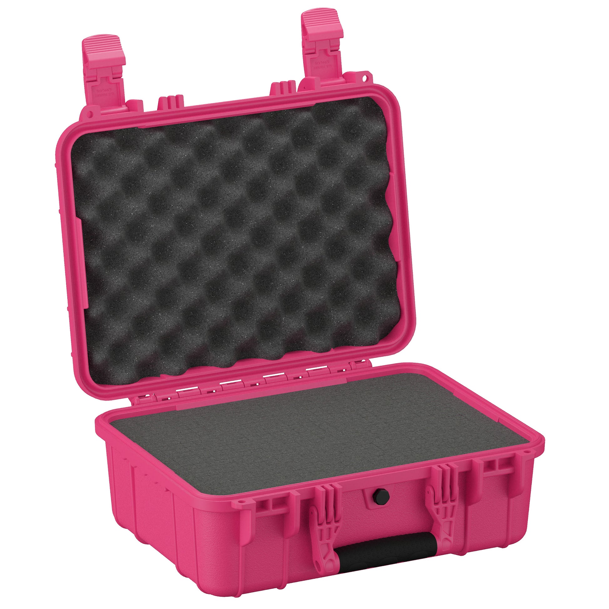 Alt text: Open pink protective hard case with foam interior, featuring durable latches and a carrying handle, model size 16 inches Medium Case #179.