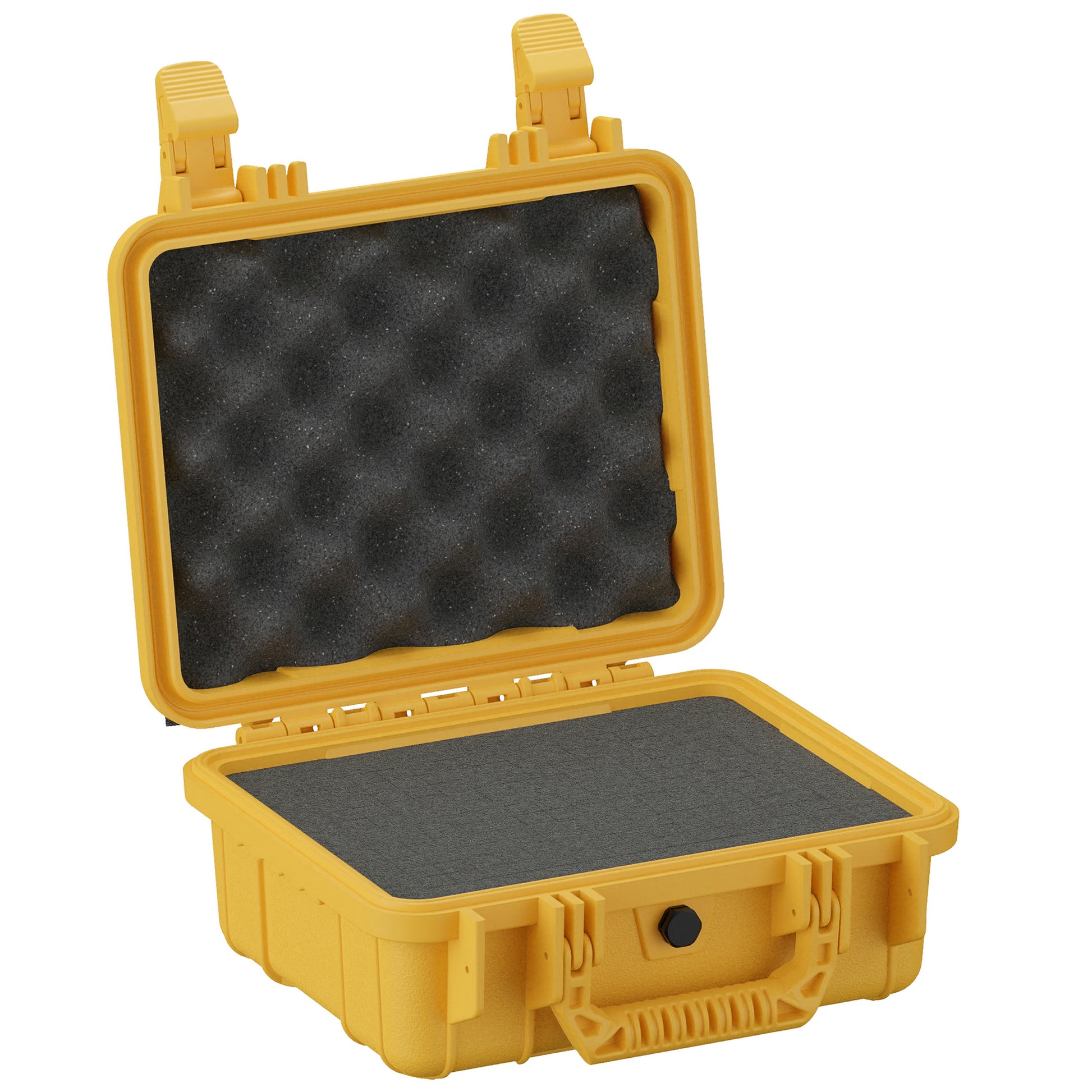 Yellow 11-inch small protective case with foam padding, open lid, and secure latch for storage and transport.
