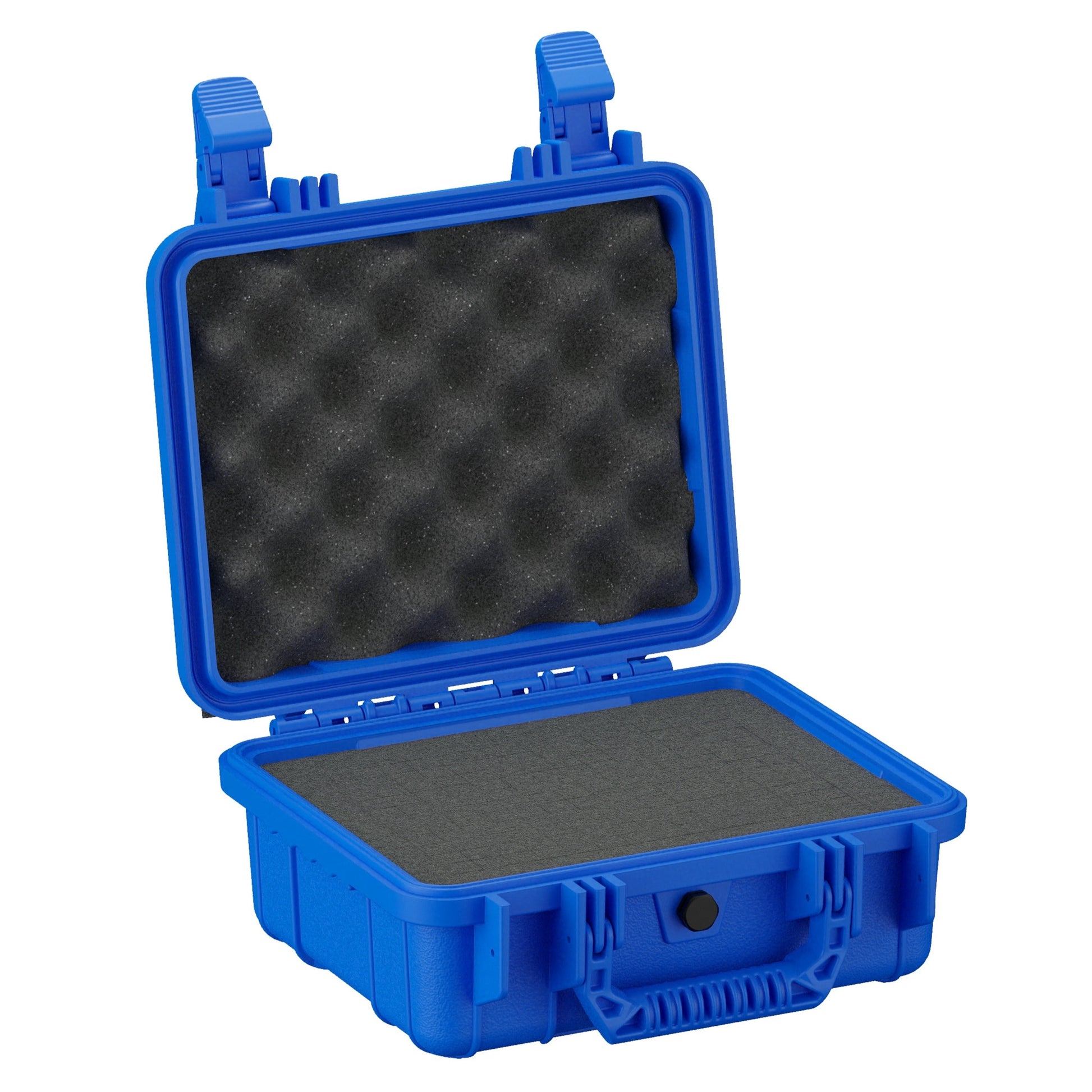 Alt text: Blue rugged small protective case, 11 inches, model #184, open showing gray foam interior, ideal for sensitive equipment storage.