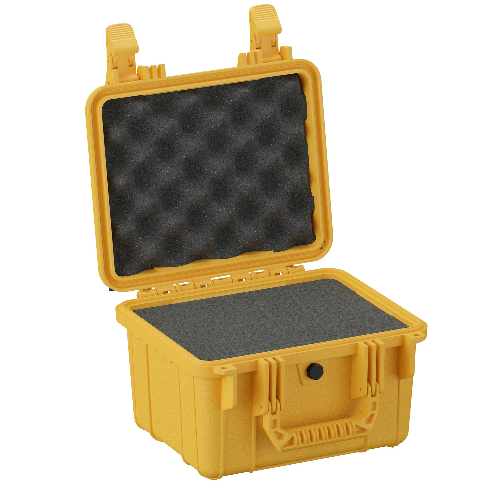 Yellow 11-inch small protective case with foam padding and secure latch, ideal for storing delicate equipment.