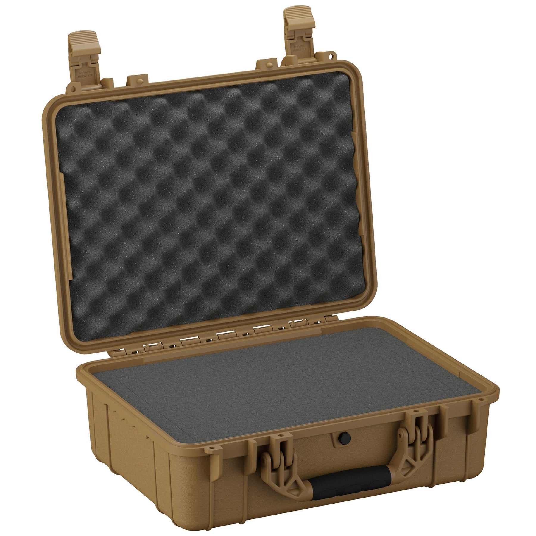 Alt text: "Open 20-inch large protective case in tan color, featuring sturdy dual latches and foam inserts on top and bottom for secure equipment storage."