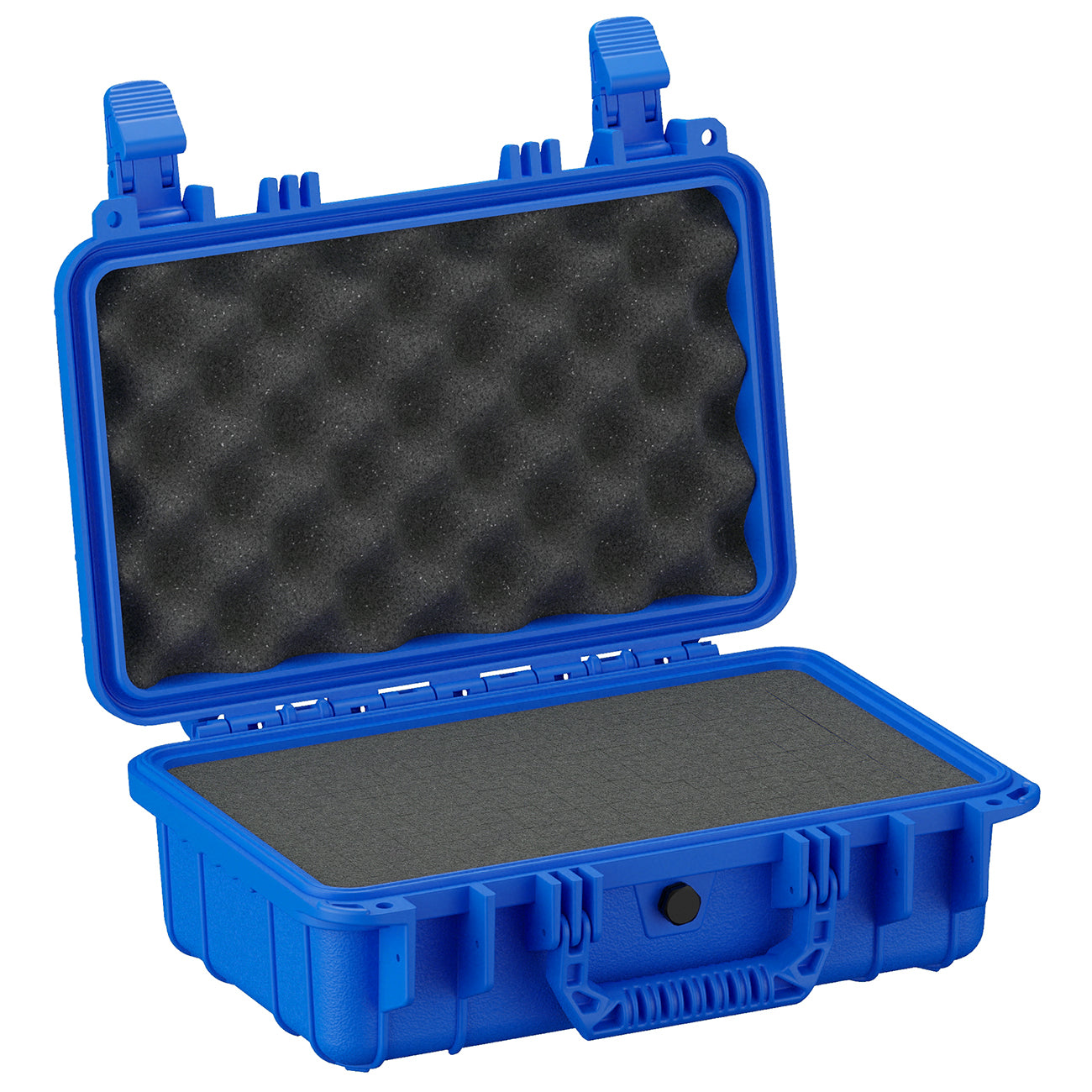 Alt text: "Blue hard protective case, model #232, open to display its foam-lined interior, suitable for safely carrying delicate equipment."