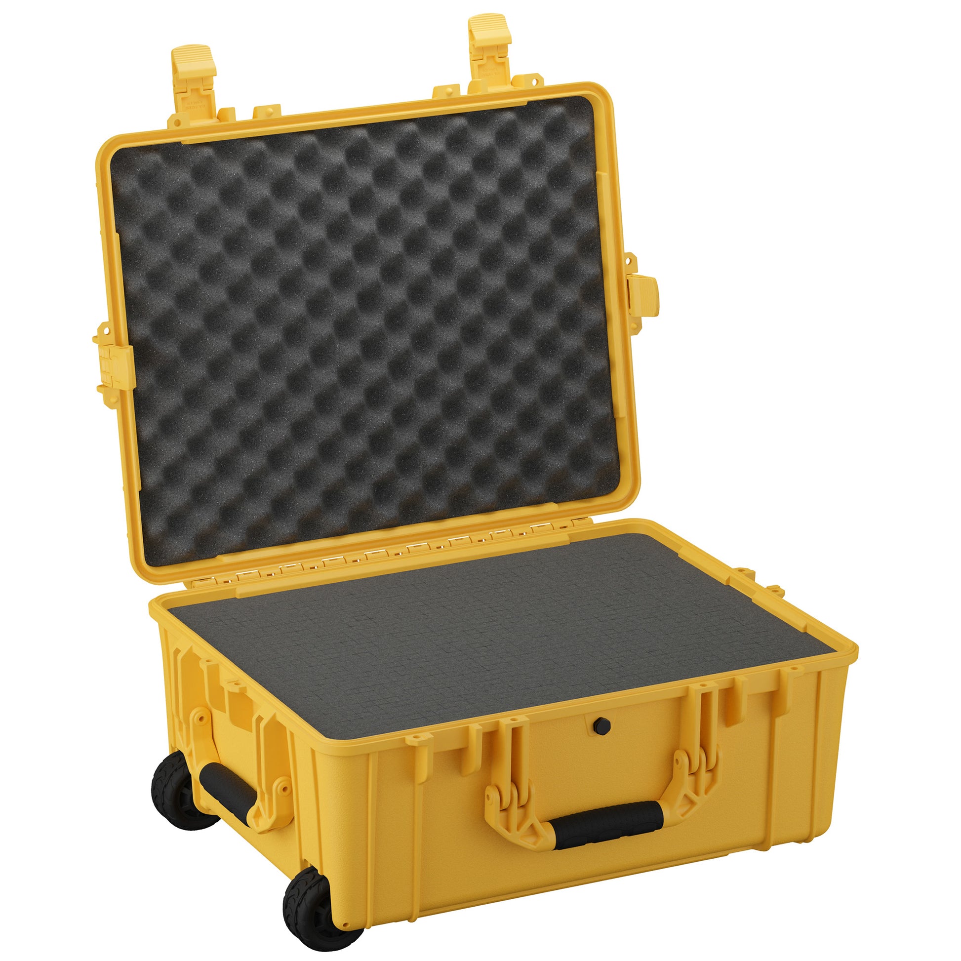 Yellow 25" large protective case with foam padding, wheels, and secure latches, ideal for safe transport of equipment.