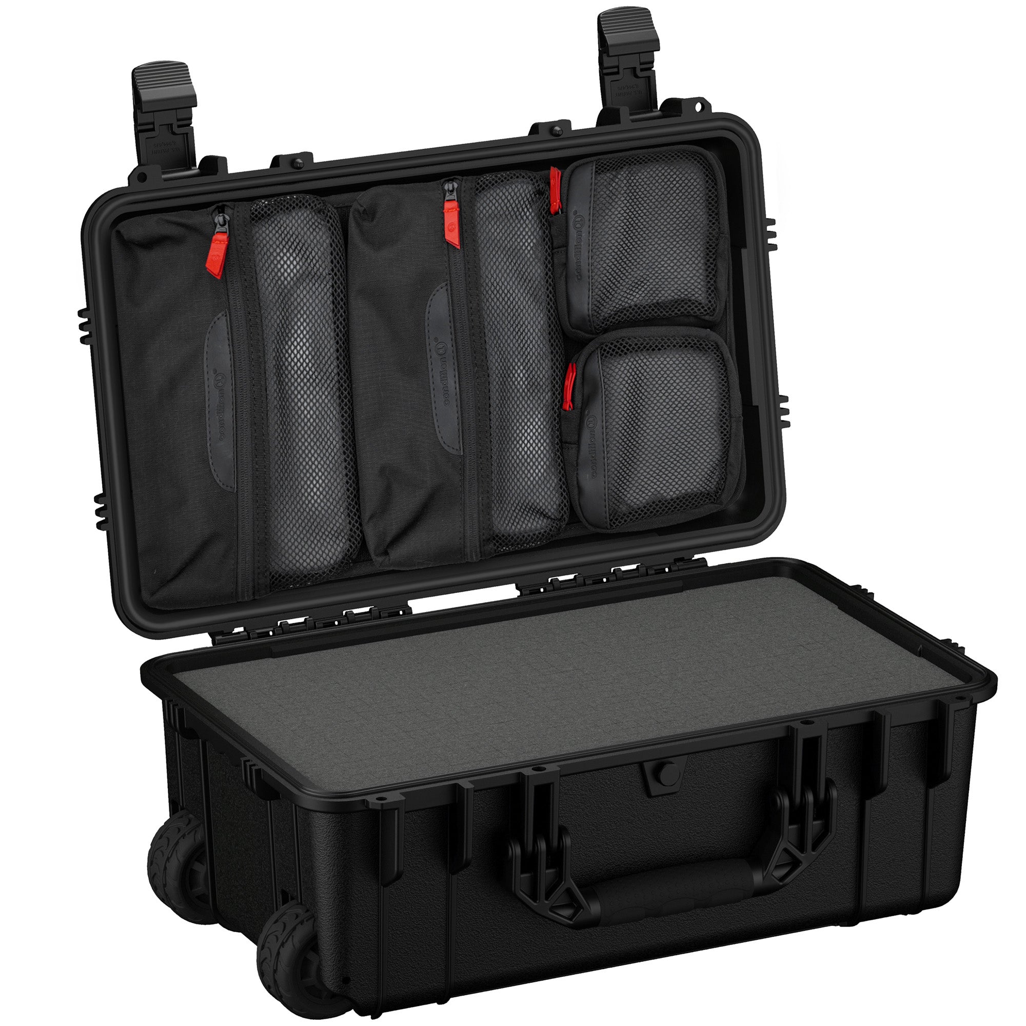 Black 22-inch large protective case with wheels and dual handles, displayed open with a lid organizer featuring multiple zippered mesh pockets.