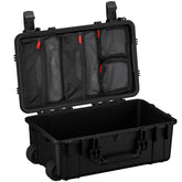 Black 22-inch large case with interior compartments and mesh pockets, designed for durable storage and transport.