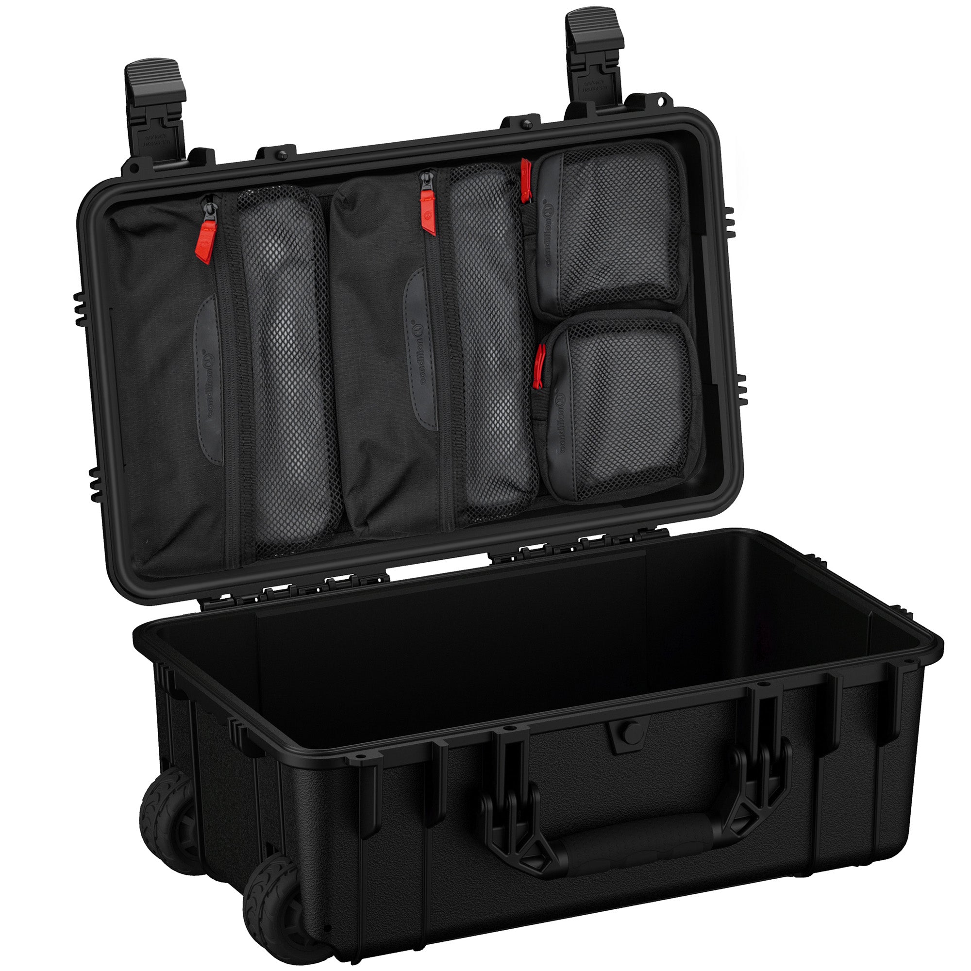 Alt text: "Black 22-inch large hard case with wheels and sturdy handles, featuring an open design showing the internal lid organizer with multiple zippered mesh compartments with red zipper pulls."