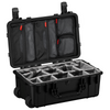 Durable 22-inch waterproof hard case with customizable foam interior and organized compartments for camera gear storage.